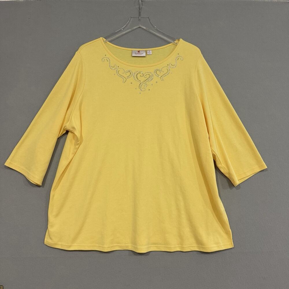 Quacker Factory Top Size 2X Butter Yellow Studded 3/4 Sleeve Cotton Tee NWOT